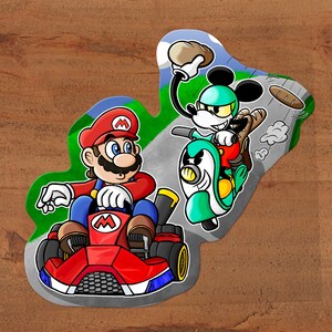 Super Mickey Kart? Super Mario Kart and Mickey Mouse Mash-up Glossy Vinyl Sticker Custom hand-drawn art