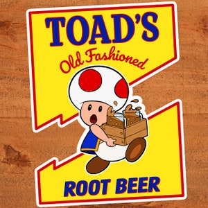 Toad's Old Fashioned Root Beer Glossy Vinyl Super Mario Nintendo Sticker Custom handgezeichnete Kunst