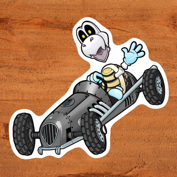 Dry Bones Driving the Iron Cucumber from Mario Kart Glossy Vinyl Sticker - Nintendo Custom Hand-Drawn Art printed with pigment ink