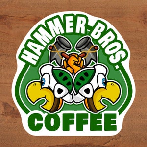 Sticker logo « Hammer Bros. Coffee » Nintendo - oeuvre d'art dessinée à la main personnalisée Super Mario Bros sur papier vinyle mat ou brillant