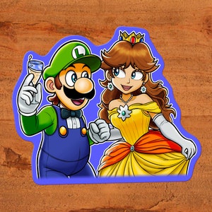 Luigi und Prinzessin Daisy Celebrating - Nintendo Super Mario Land Glossy Vinyl Sticker Individuell handgezeichnete Kunst gedruckt mit Pigmenttinte