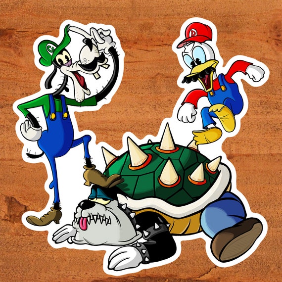 Superduck Bros Mario Bros and Mickey Mouse Mash-up Sticker With Goofy,  Donald, and Pete Custom Hand-drawn Art 