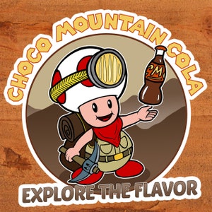 Captain Toad "Choco Mountain Cola" Logo Nintendo Sticker handgezeichnete Kunst auf glänzendem Vinyl
