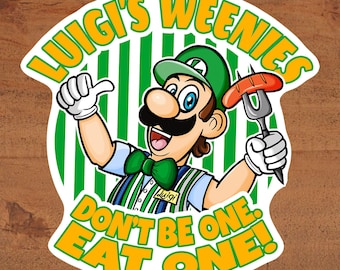 Nintendo "Luigi's Weenies" Mario Brothers Luigi Logo Sticker on glossy vinyl Custom Hand-Drawn Art