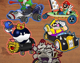 Mario Kart Stickers - Dry Bowser, Mario, Wario, Yoshi, King Bob-Omb - Nintendo Glossy Vinyl Sticker Pack #2 Custom hand-drawn art