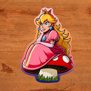 Prinzessin Peach aus Super Mario Bros, die auf einem Fliegenpilz im Pilzreich sitzt - Nintendo Glossy Vinyl Sticker, handgezeichnetes Kunstwerk