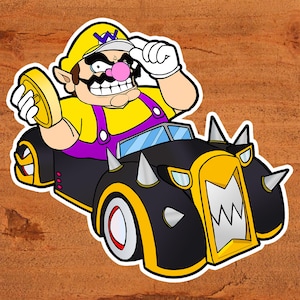 Sticker Wario Driving the Bruiser from Mario Kart sur vinyle brillant - Art dessiné à la main personnalisé Nintendo