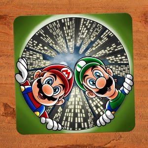 Sticker Mario et Luigi regardant vers le bas dans une pipe en ville - vinyle brillant Super Mario Nintendo art dessiné à la main personnalisé