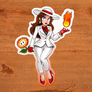 "Bürgermeister Pauline aus ""Super Mario Bros"" hält eine Feuerblume und einen Feuerball in der Hand - Fire Pauline - Nintendo glänzender Vinyl-Aufkleber, von Hand gezeichnet."