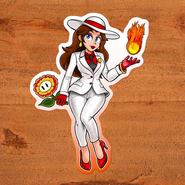 Mayor Pauline from Super Mario Bros Holding a Fire Flower and a Fireball - Fire Pauline - Nintendo Glossy Vinyl Sticker, Hand-Drawn Artwork