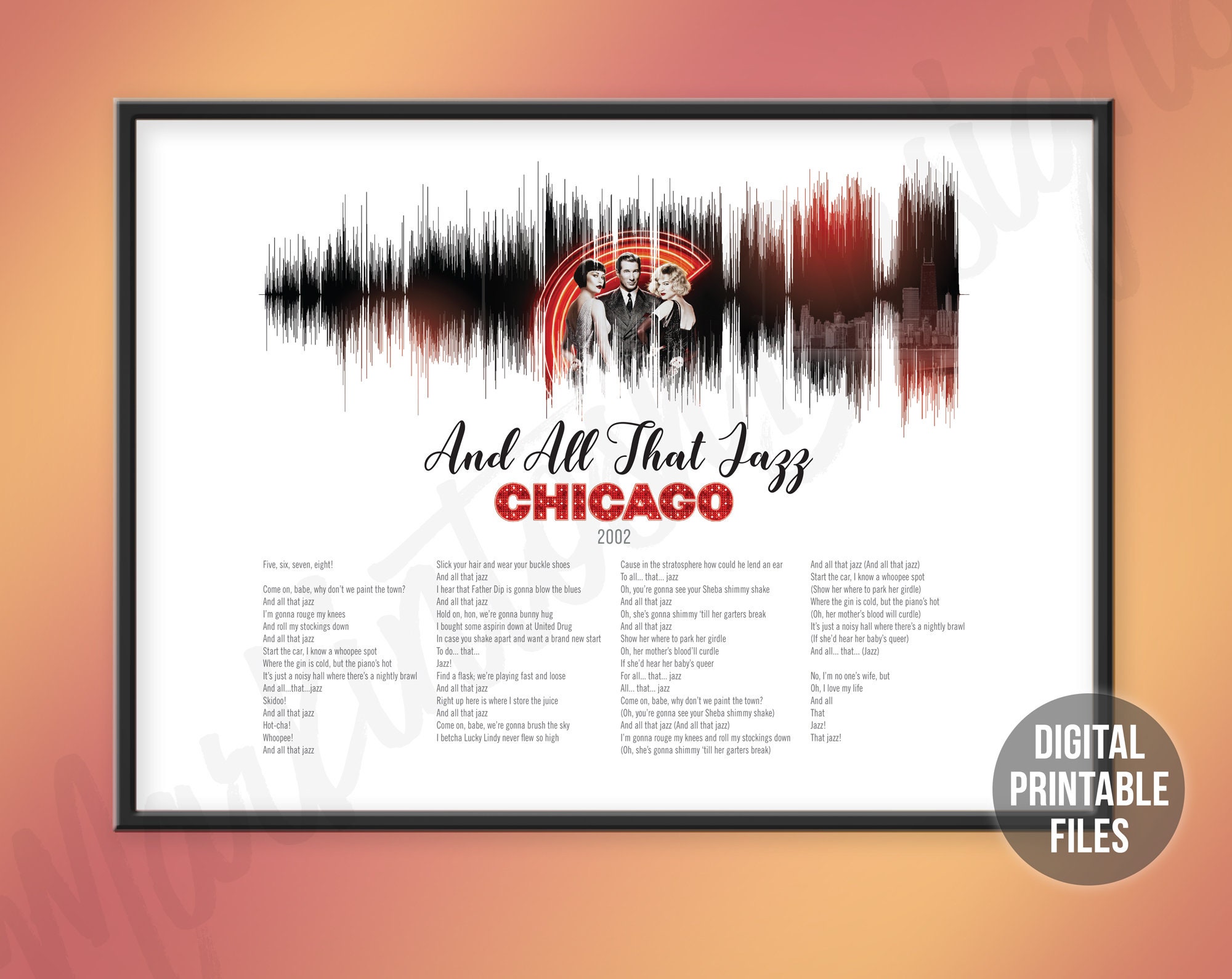 Chicago Musical Gift Broadway Gift Broadway Lover Broadway Art Musical Broadway \u201cAll that Jazz\u201d Sound Wave Art from Chicago