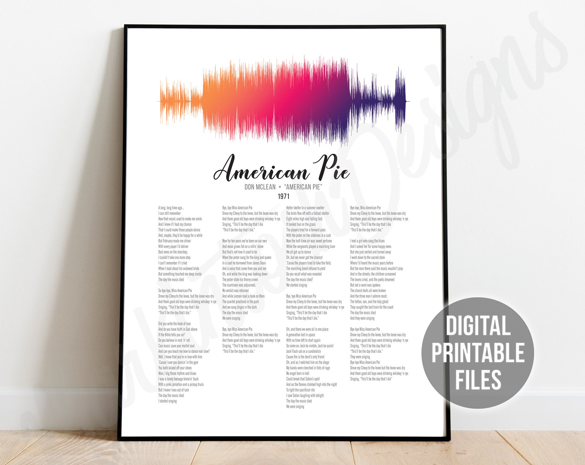 American Pie Sound Wave And Lyrics Art Printable Digital Etsy