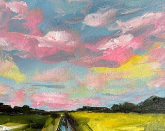 Titel: ”Tredje natten i Kansas”, en originell, abstrakt landskapsmålning i akryl på duk. 23x30 cm