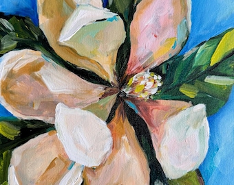 Titel: “Wild At Heart”, een origineel schilderij van een magnolia in acrylverf op canvas. 11 x 14 inch.
