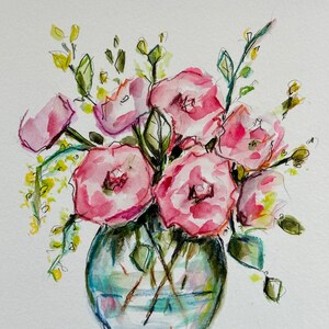 Title: “Roxie”, is an original acrylic floral painting on paper. 5 in. x 7 in. Double white mat included.