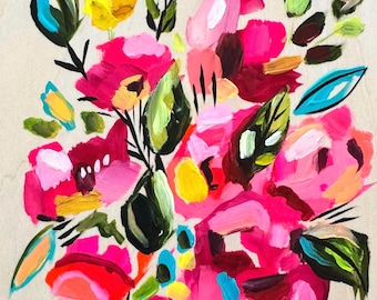 Op de afbeelding: Abstracte schilderij van een boeket met roze, rode, gele en groene bloemen. De bloemen zijn geschilderd in een losse, expressieve stijl, met gedurfde streken en levendige kleuren.