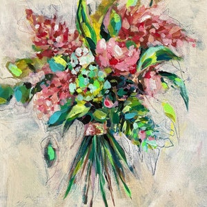 May include: A painting of a bouquet of pink and white flowers with green leaves. The flowers are painted in a loose, impressionistic style.