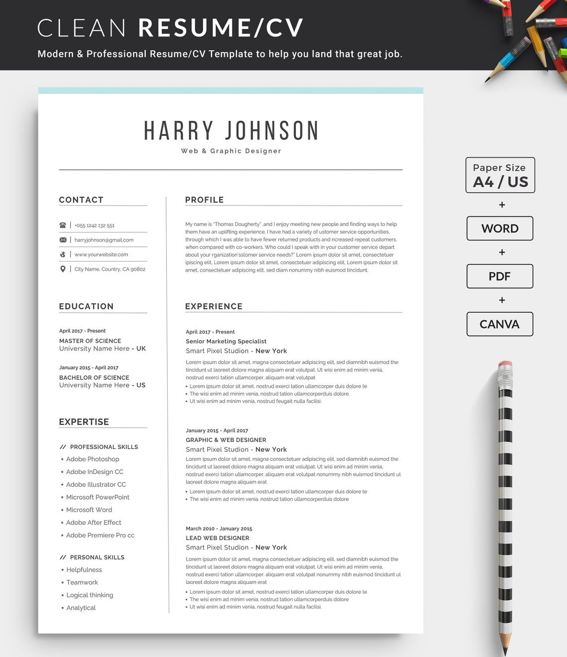 Resume Template Modern & Professional Resume Template for Word and ...