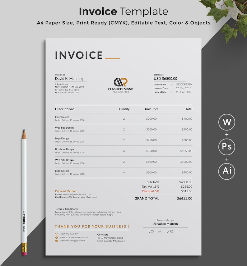 Printable Invoice Estimate template Editable Template Etsy