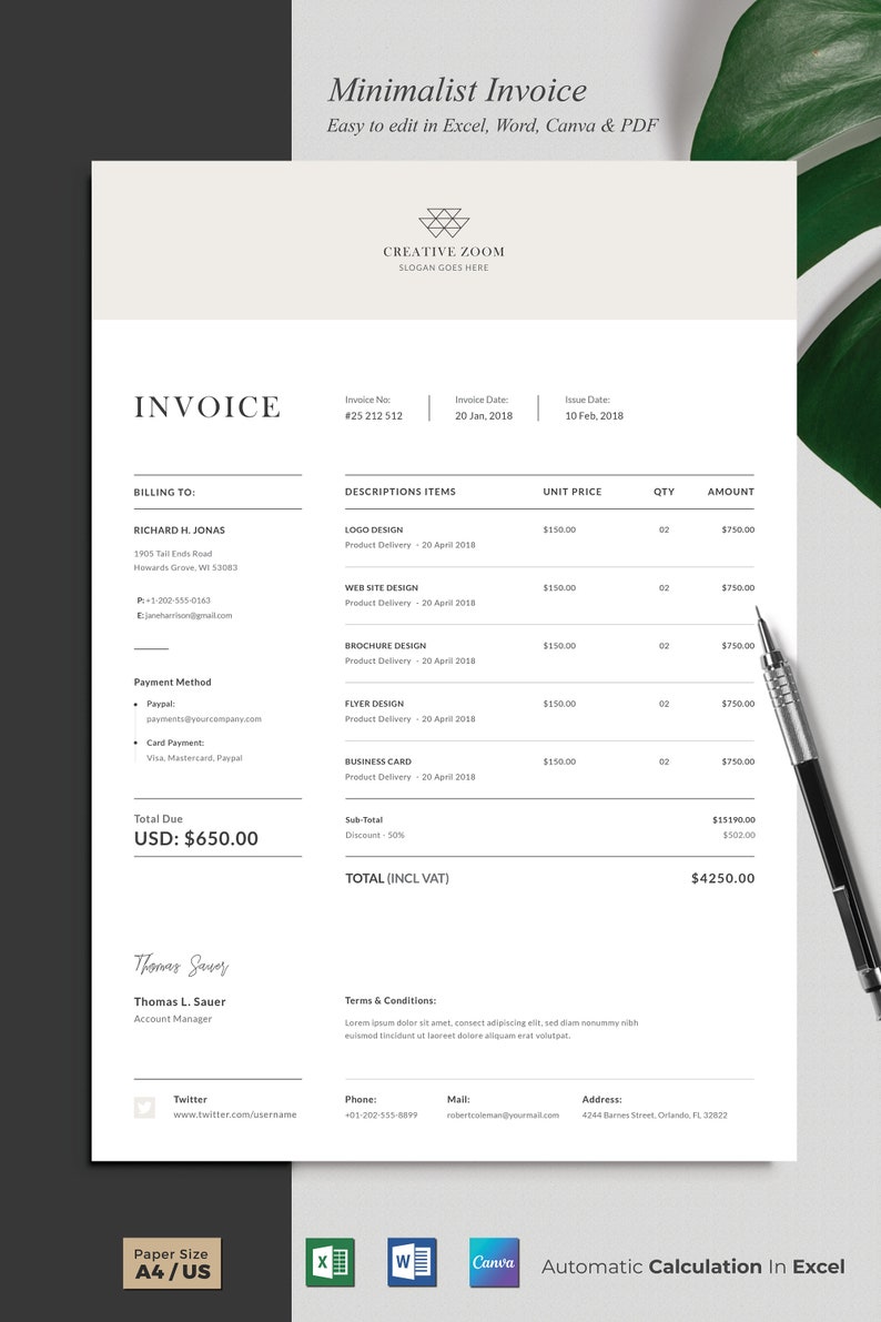 Invoice Template | Receipt | MS Word | Excel Auto Calculation | Bill ...