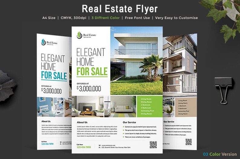 Immobilien Flyer Vorlage Editierbare Psd 3 Farbvariationen Etsy