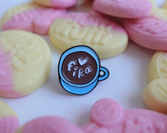 Blue Fika coffee cup enamel pin