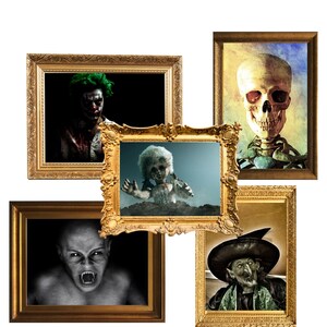 Halloween HAUNTED HOUSE Decorations 5 Vintage Paintings printable Set DINA4 - make your own Halloween Party Decoration - digital download