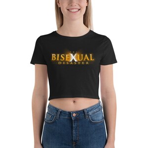 May include: Black cropped t-shirt with the text "THE BISEXUAL DISASTER" in gold lettering.
