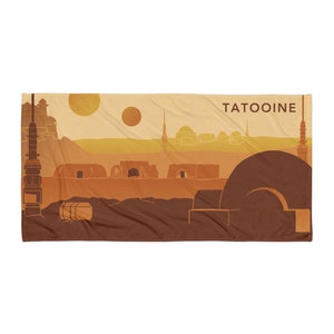 Peut inclure: Une illustration rétro de la planète désertique Tatooine de Star Wars. L'image présente un fond beige avec un paysage désertique brun, deux soleils et une silhouette de bâtiments et de structures.