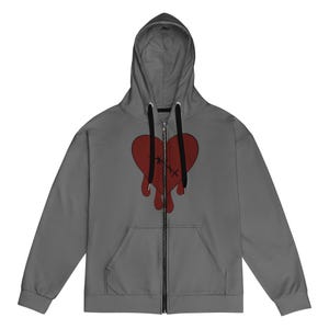 May include: A gray zippered hoodie with a red heart graphic. The heart is stitched and dripping with red paint.