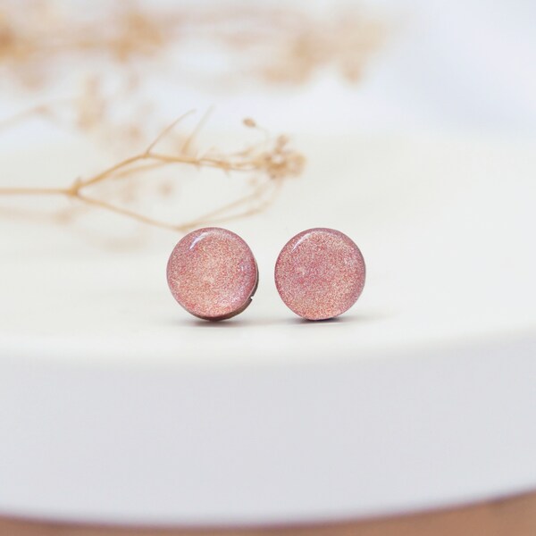 Rosie Metallic Speckle Earrings, Wood Stud Earrings, Rose Gold Earrings