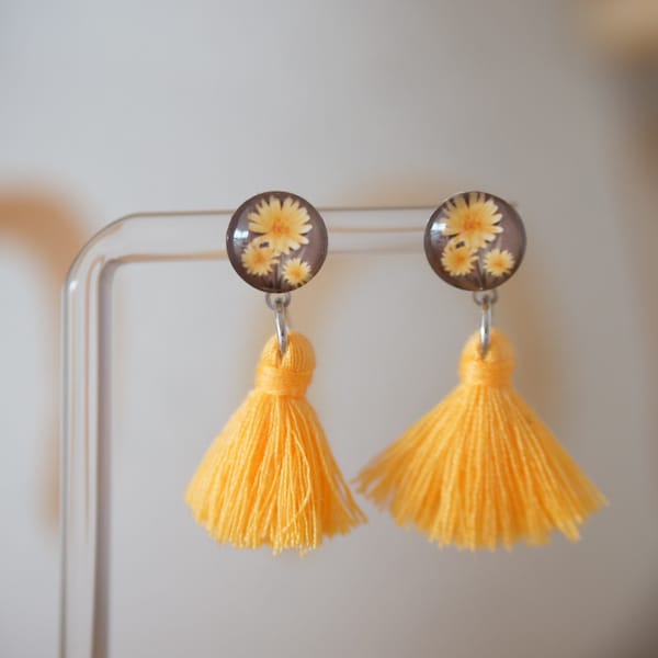 Dandelion Tassel Earrings, Orange Earrings, Statement Earrings, Tassel Earrings, Dangly Earrings, Floral Earrings
