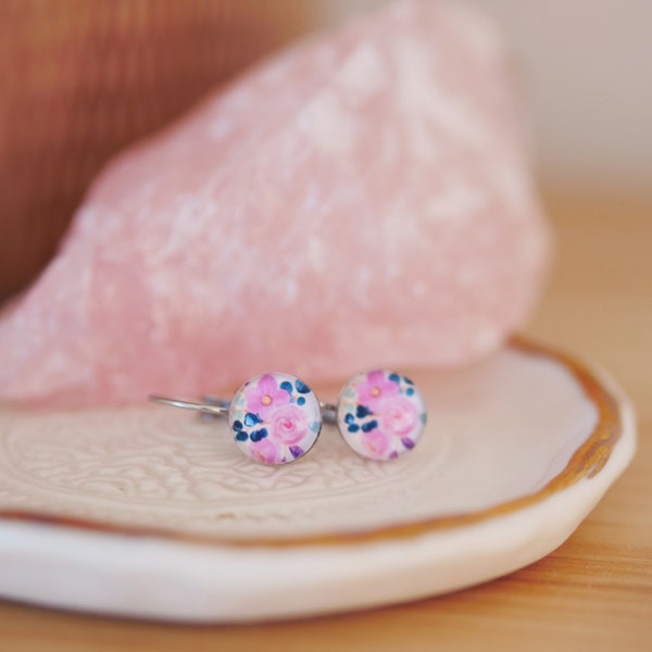 Pretty Pink Blooms Earrings, Hypoallergenic Surgical Steel, Dangly Earrings, Lever Back Earrings