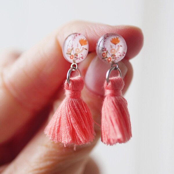Orange Bloom Tassels, Petite Tassel, Mini Tassel Earrings, Coral Tassel Earrings