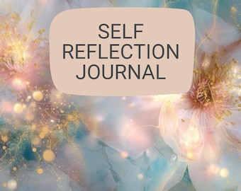 Può includere: Un diario con un design floreale e il testo "SELF REFLECTION JOURNAL". La copertina presenta uno sfondo in stile acquerello nei toni del blu, dell'oro e del bianco. Sono visibili anche le scritte "A Guided Path to Clarity, Calm & Connection" e "RADIANT RESET".