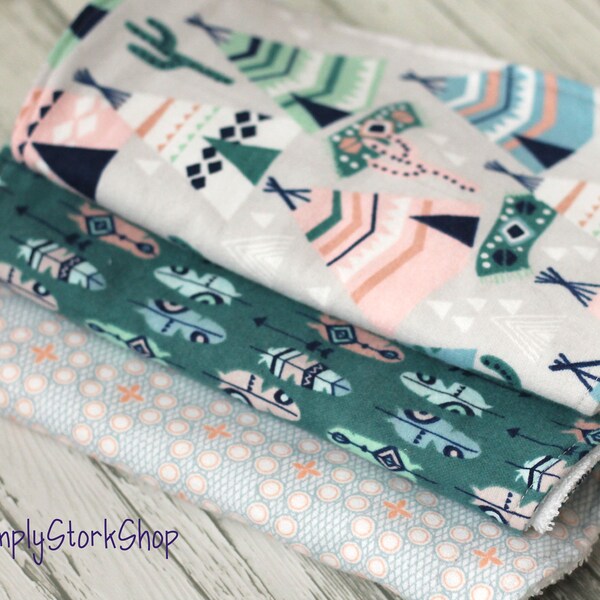 Boho Burp Cloths | Boho Baby Gift | Peach Baby Shower | Feather Nursery | Burb Clothes | Teepee Baby Cloths | Terry Cloth Burp Rags