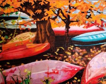 Home Decor, Wood Burning, Colored Pencil, Wall Art, Landscape, "Fall Boats"