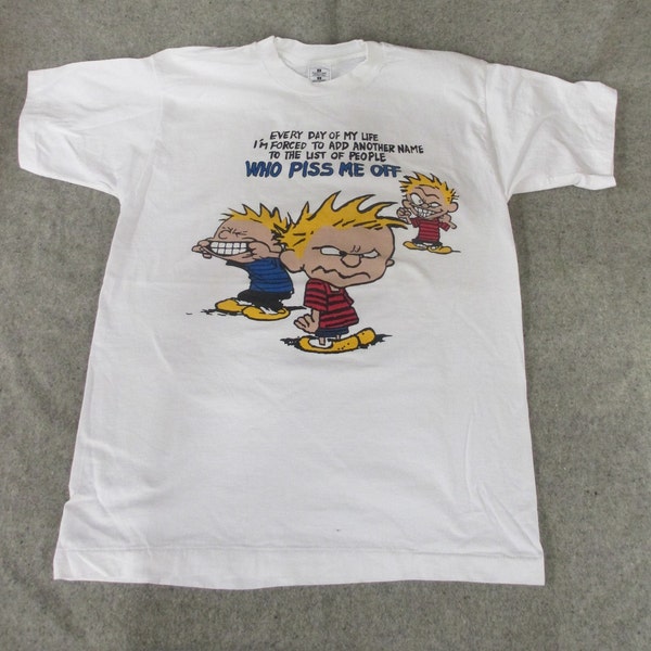 Vtg. 1990s CALVIN and HOBBES Phrase Graphic T Shirt - Sz. L