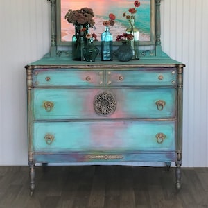 SOLD.      Vintage Boho  painted Dresser with mirror, Beach house dresser, Coastal style dresser with mirror, Turquoise and coral dresser,