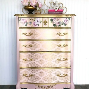 SOLD and not Available    Pink and Gold French Provincial Chest of Drawers/ Vintage Bassett French Provincial dresser/ French Country