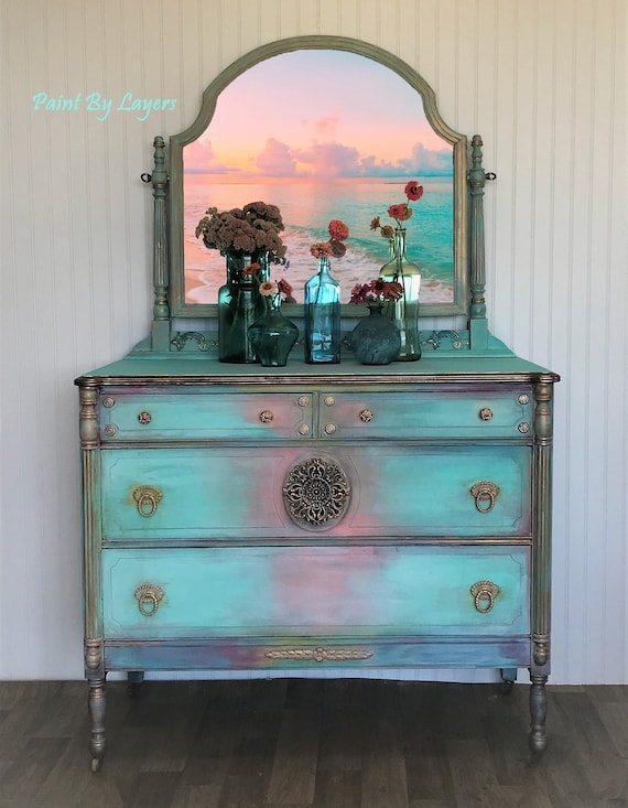 SOLD. Vintage Boho Painted Dresser With Mirror Beach House
