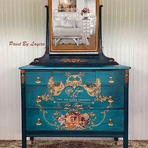 Teal French Country Dresser With Mirror: Antique Oak 5-drawer - Etsy Teal French Country Dresser With Mirror: Antique Oak 5-drawer - Etsy