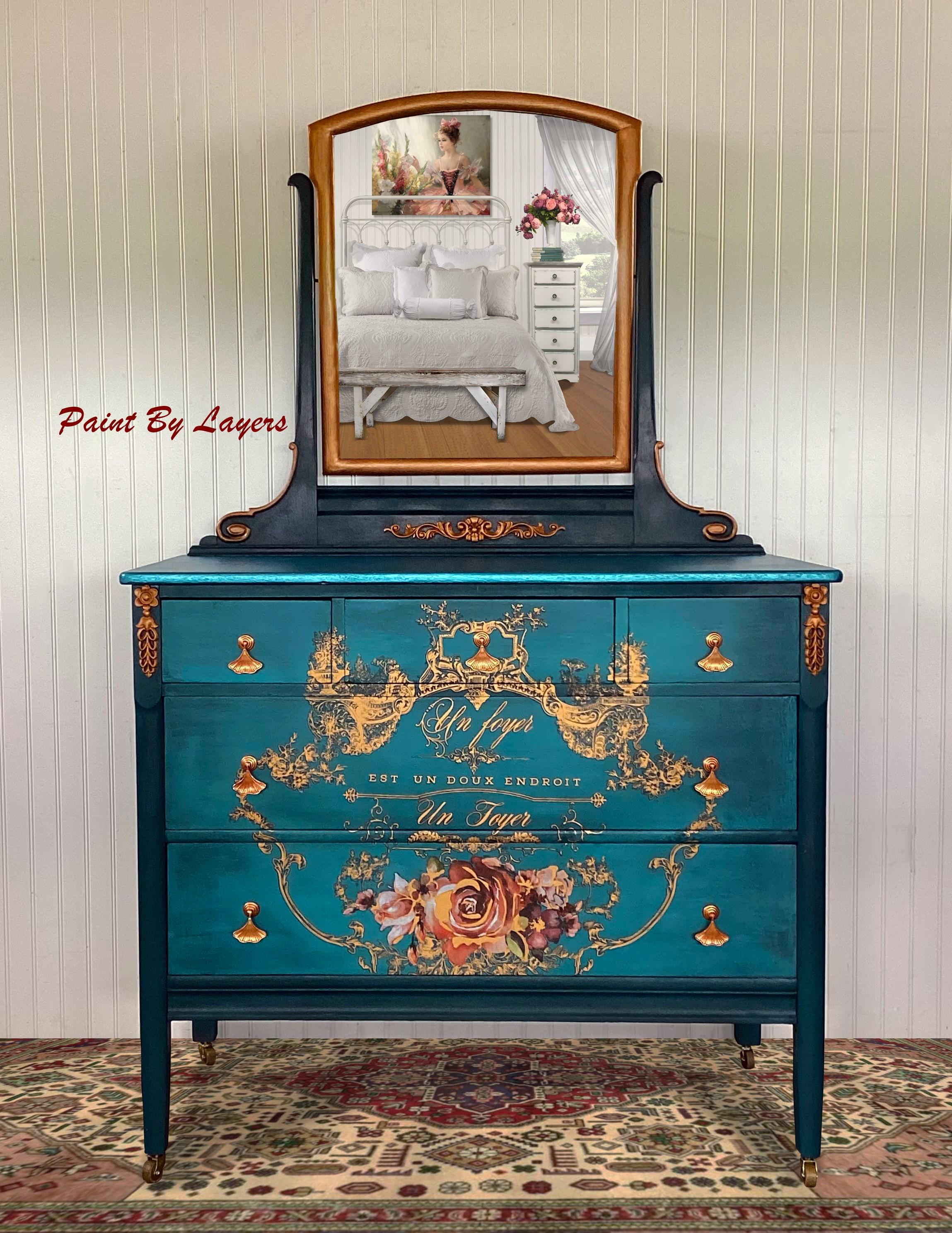 teal and gold dresser French Country With Mirror: Antique Oak 5-drawer Double Crazy