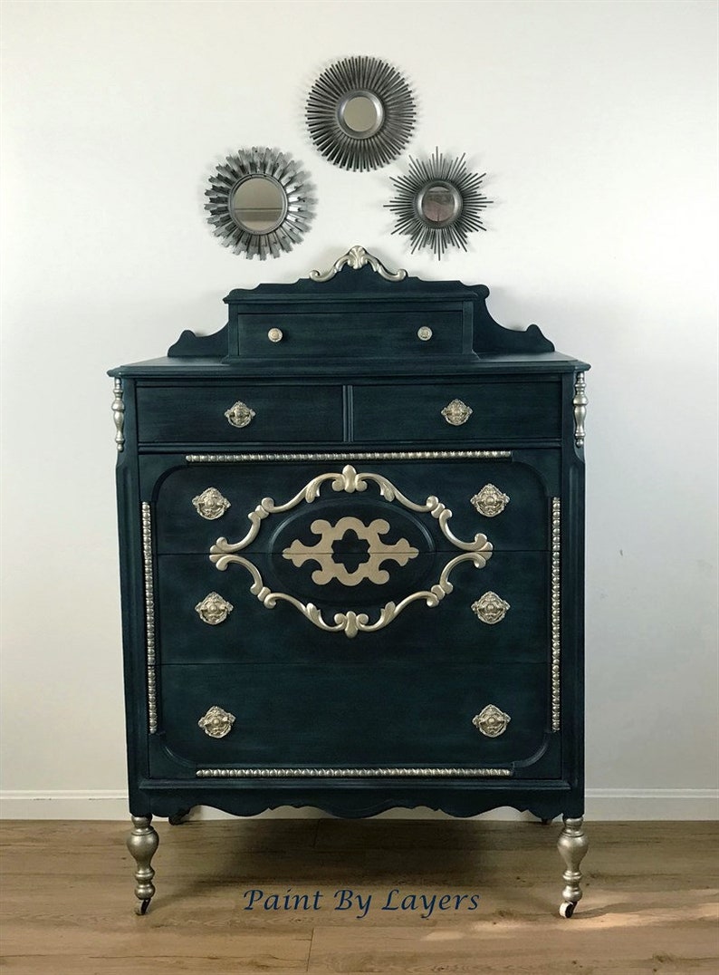 Chest Of Drawers Depression Era Dresser Handpainted In Teal And