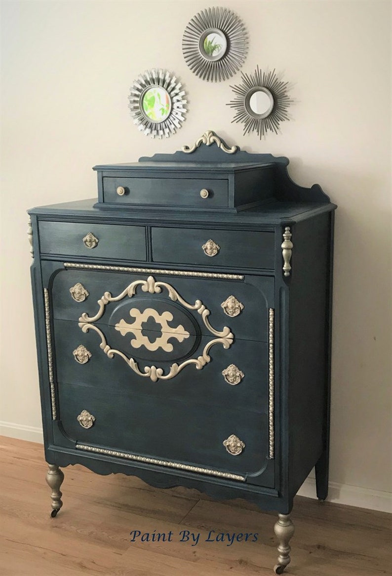 Chest Of Drawers Depression Era Dresser Handpainted In Teal And