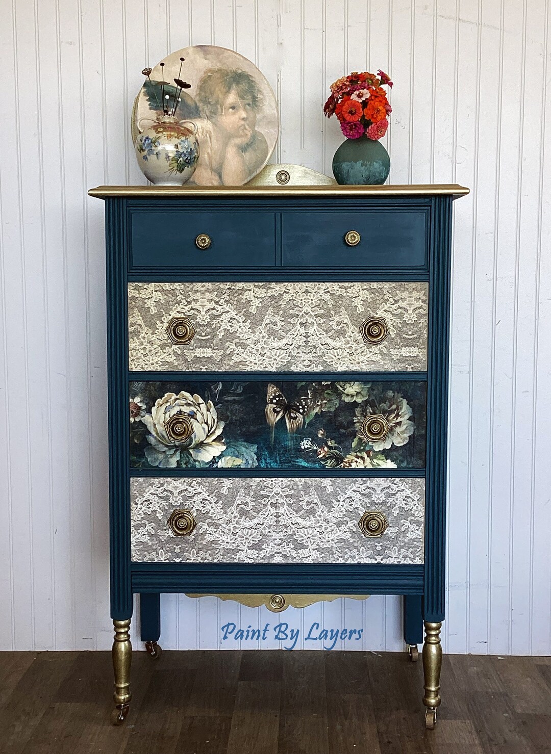 Antique Farmhouse Dresser/ Blue Painted Dresser/small Vintage Bedroom ...