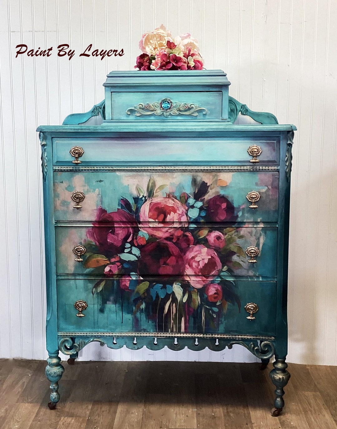 Vintage Turquoise Dresser With Colorful Front Design - Etsy