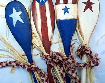 Primitive Americana Rustic Country hand painted wooden Spoon set of 4-crock fillers /pokes -stars and stripes,flag