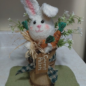May include: A plush white bunny with pink inner ears and rosy cheeks sits in a burlap-wrapped container. The container is decorated with a plaid ribbon and a tag that reads "Carrot Patch." Artificial carrots and greenery complete the Easter-themed decoration.