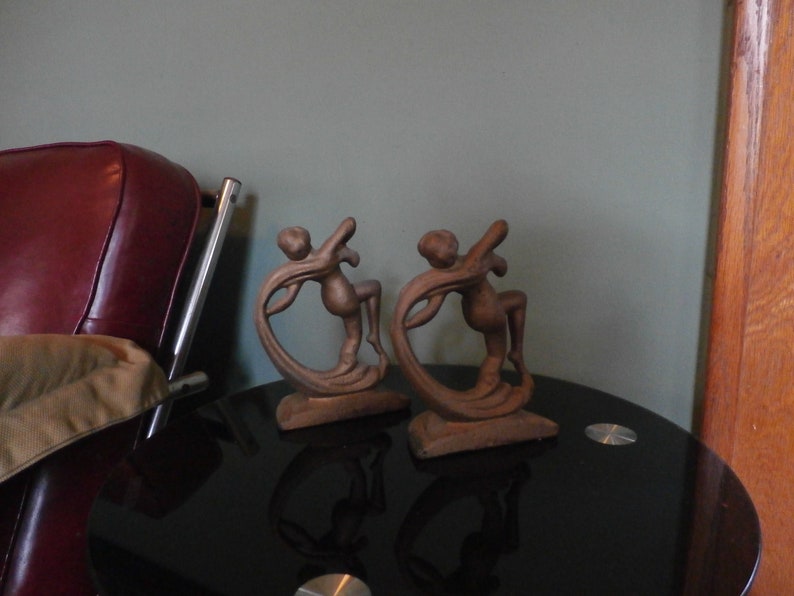 Frankart Era Art Deco Dancing Nude Bookends Cast Iron Chocolate Brown Color Original Paint